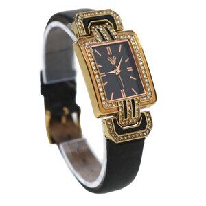 Disney Parks Mickey Mouse Analog Watch Art Deco Gold Black Leather Rhinestones